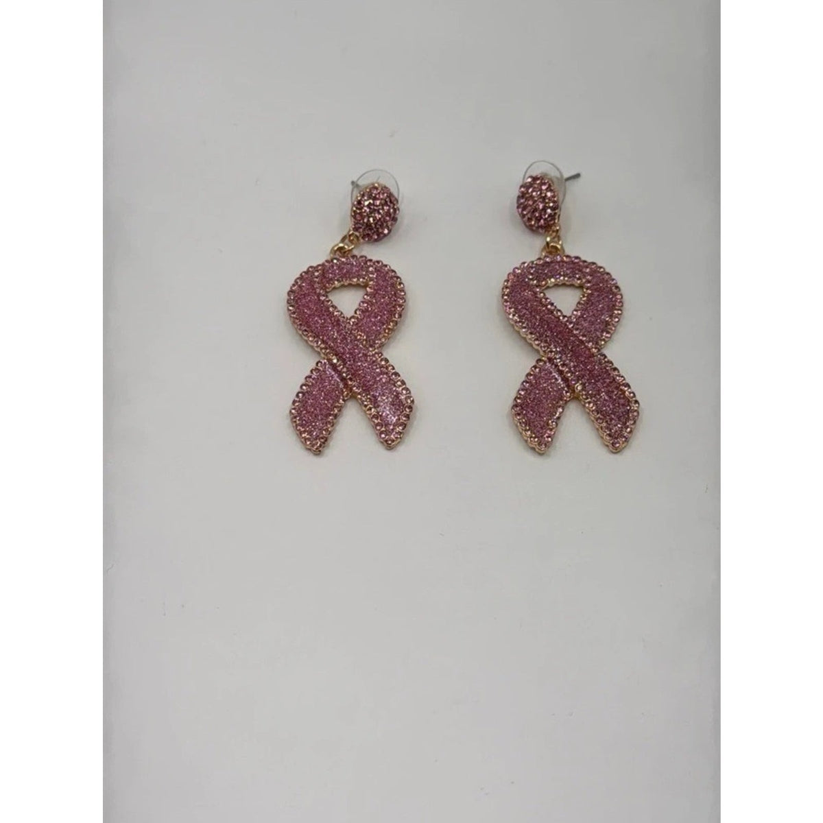 Sparkly Pink Rhinestone Ribbon Drop Earrings Breast Cancer Support Jewelry