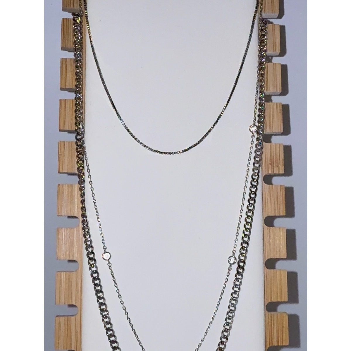 3 Layered Stainless Steel Silver Tone Crystal Station Necklace