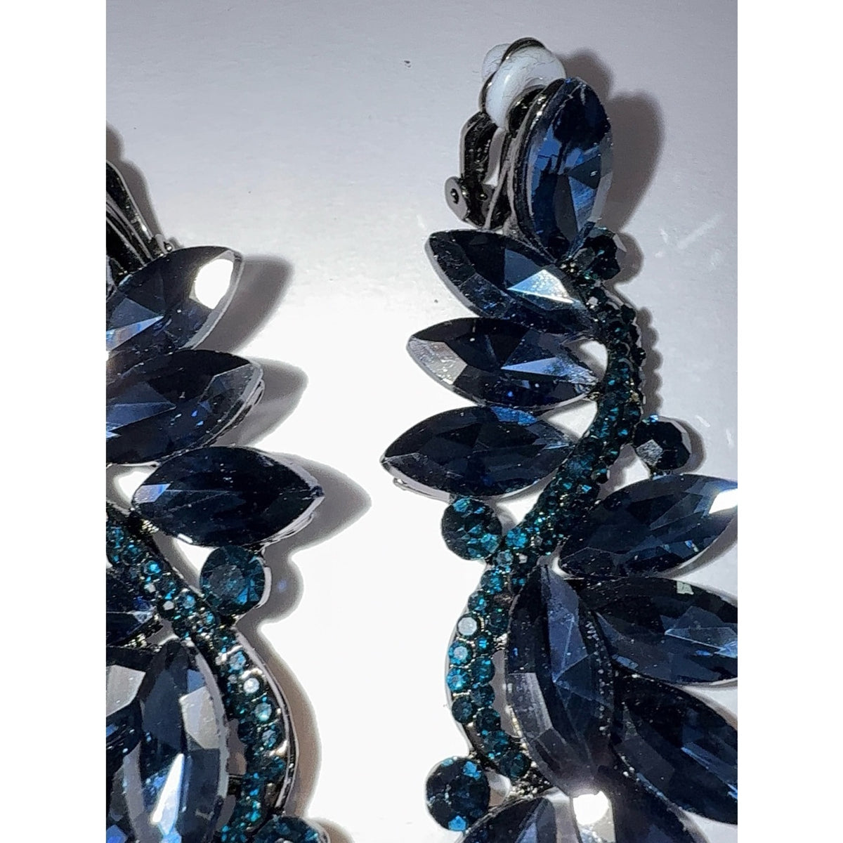 Navy Blue Crystal Marquise Flower Chandelier Clip-On Dangle Earrings