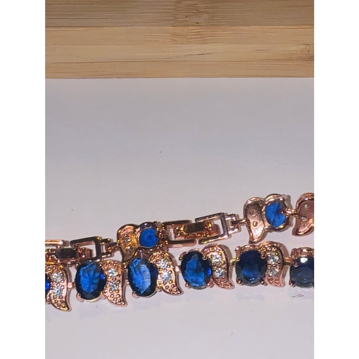 Rose Gold Blue Sapphire Teardrop Jewelry Set 4pc Necklace Bracelet Ring Earrings