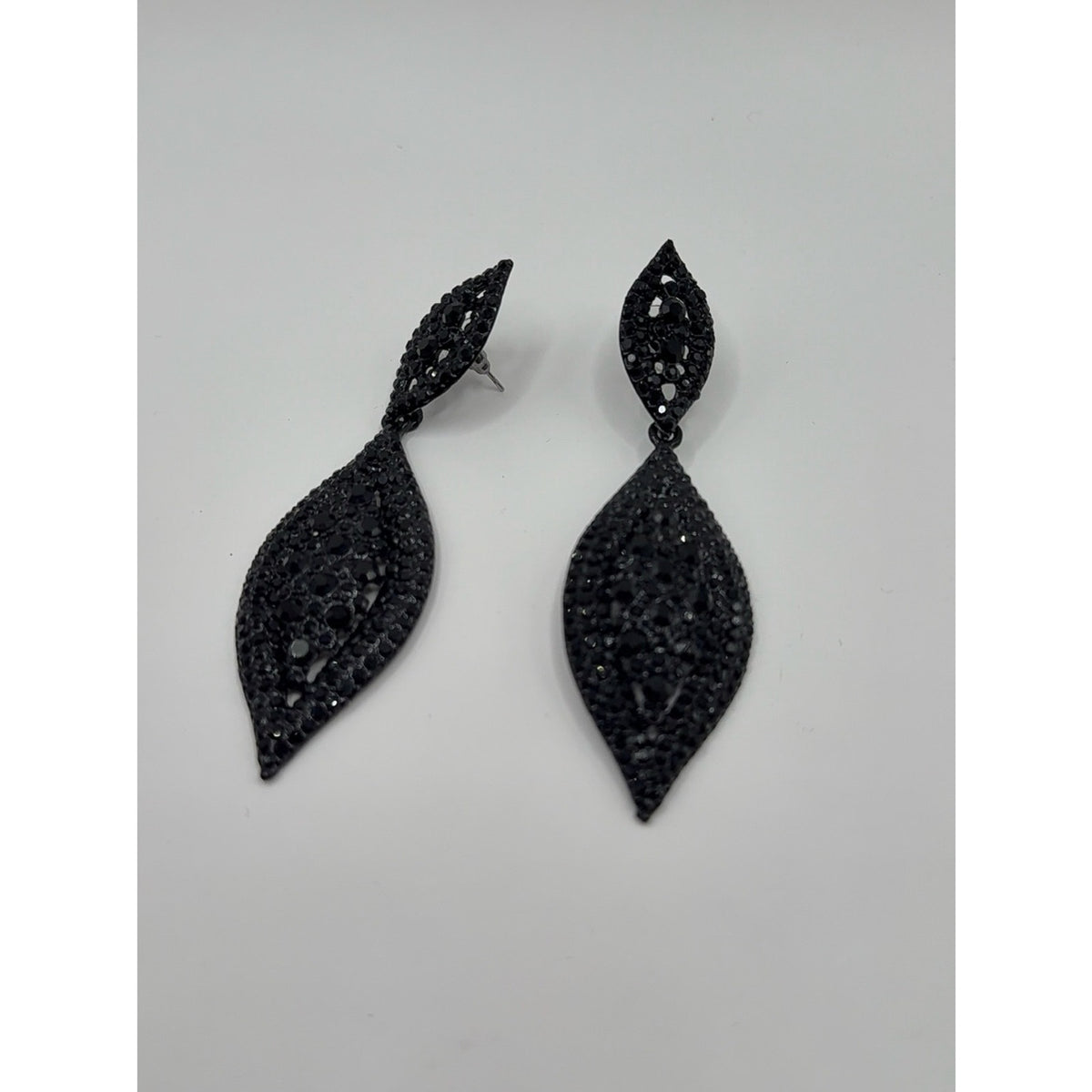 Black Crystal Rhinestone 2 Leaf Drop Dangle Chandelier Earrings