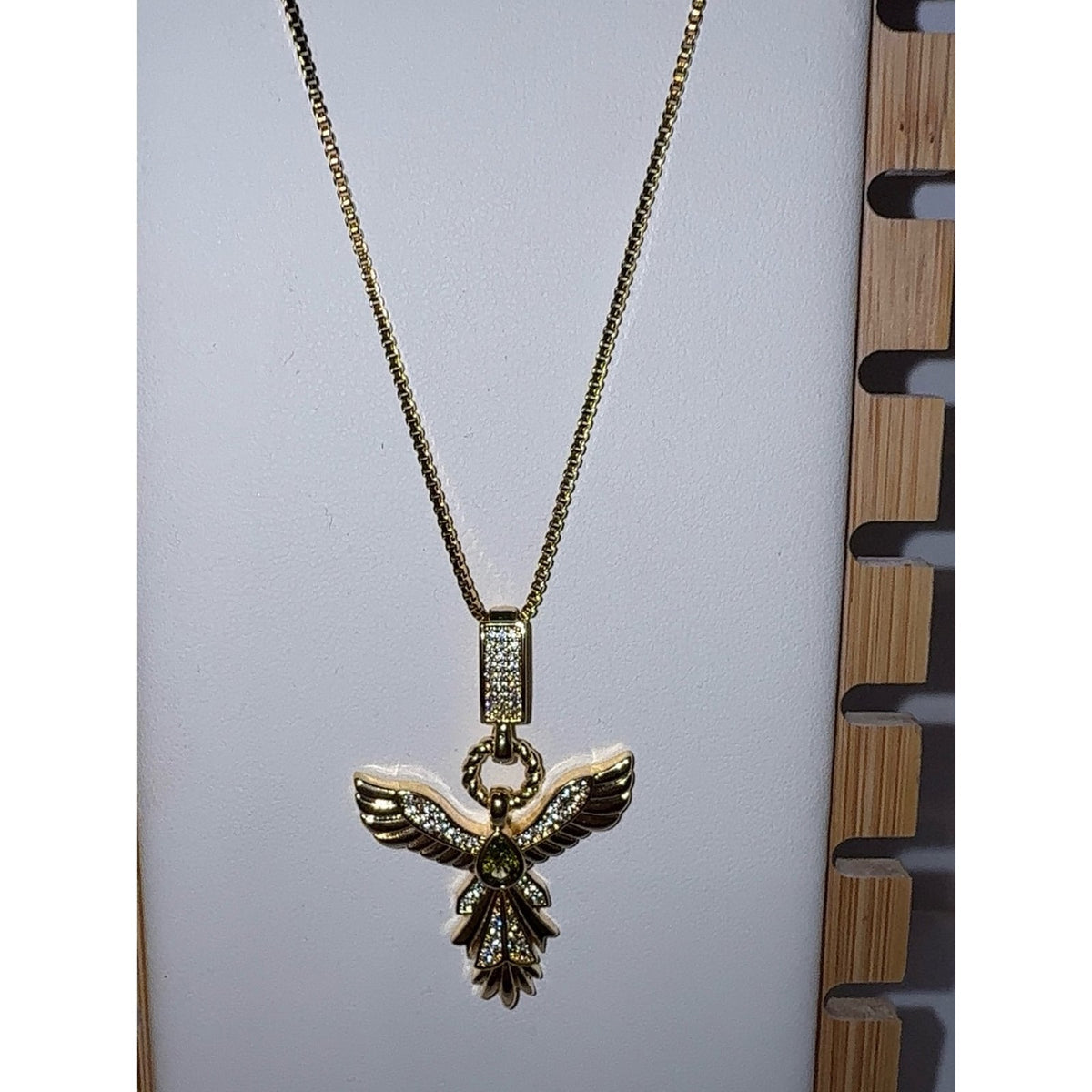 14K Gold Plated Holy Spirit Dove Pendant Necklace with Green Crystal 20”