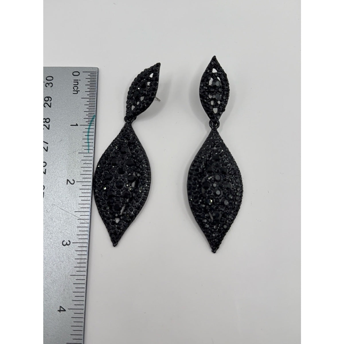 Black Crystal Rhinestone 2 Leaf Drop Dangle Chandelier Earrings