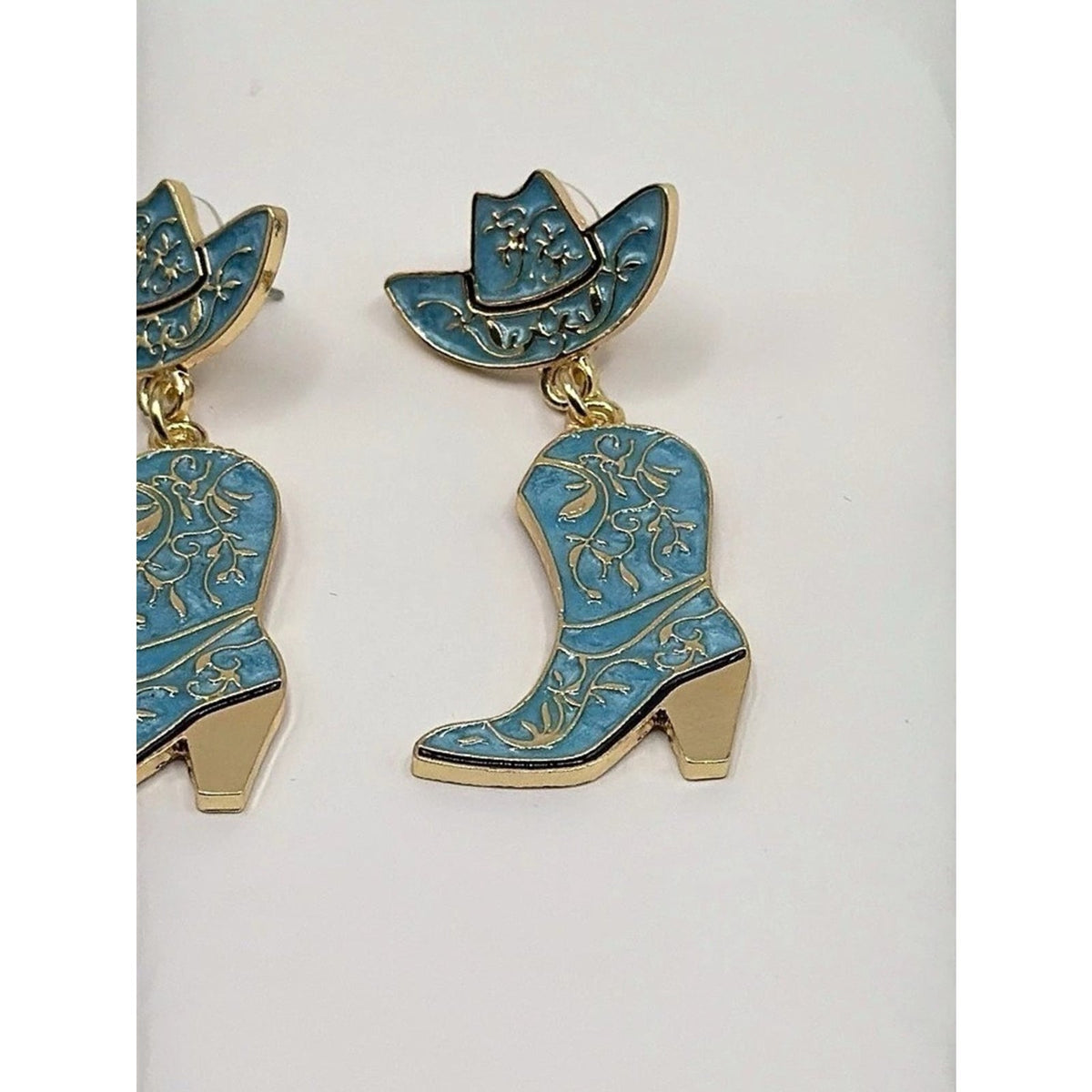 Western Turquoise Cowgirl Hat & Boot Dangle Earrings Gold Tone