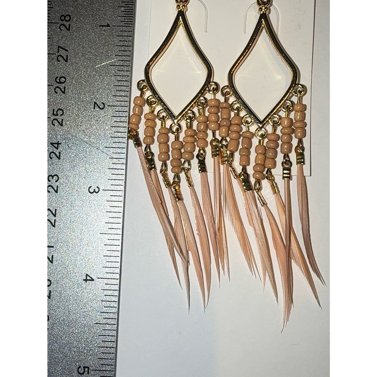 Boho Gold Diamond Feather Dangle Earrings Light Pink
