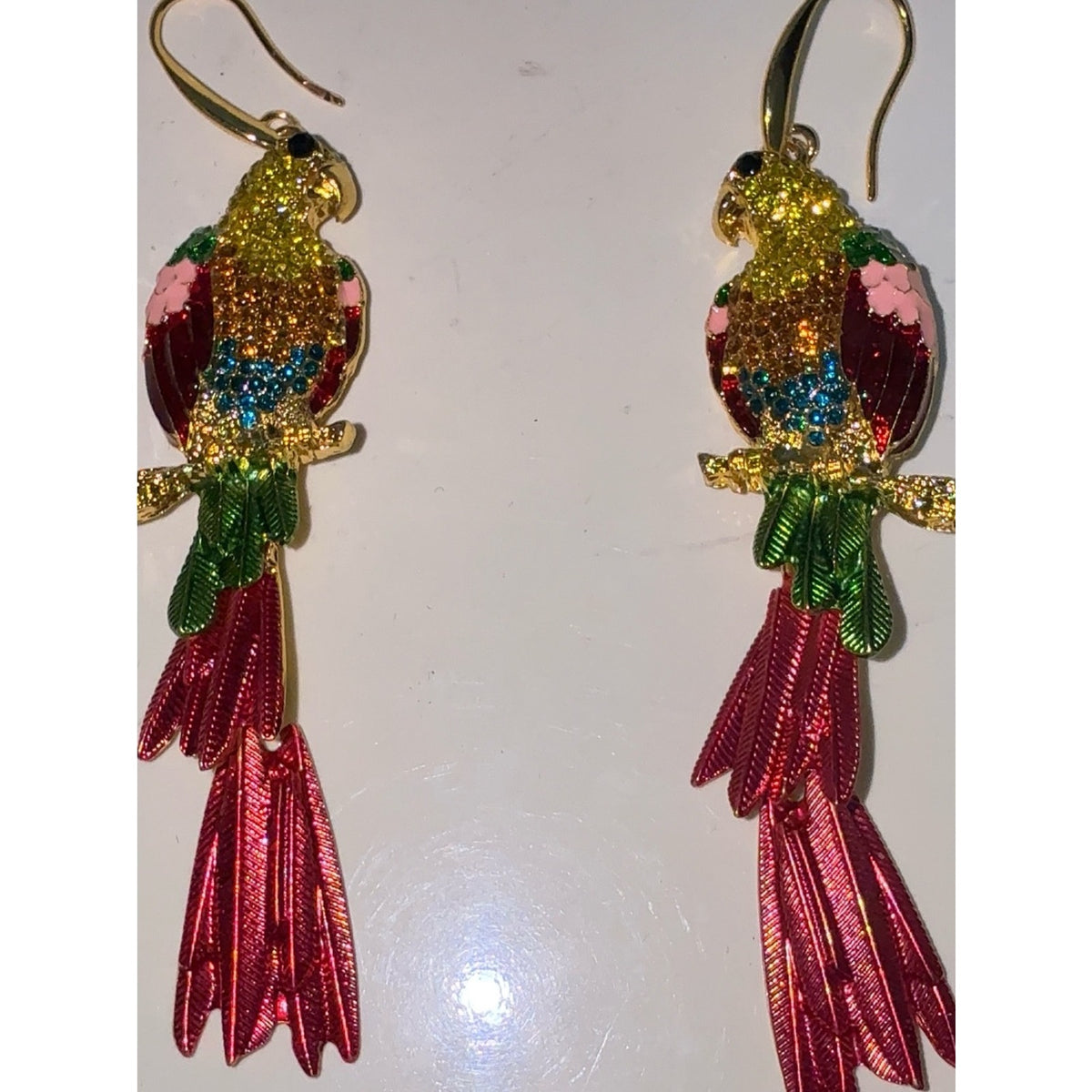Gold Multicolor Parrot Drop Earrings - Tropical Statement Jewelry