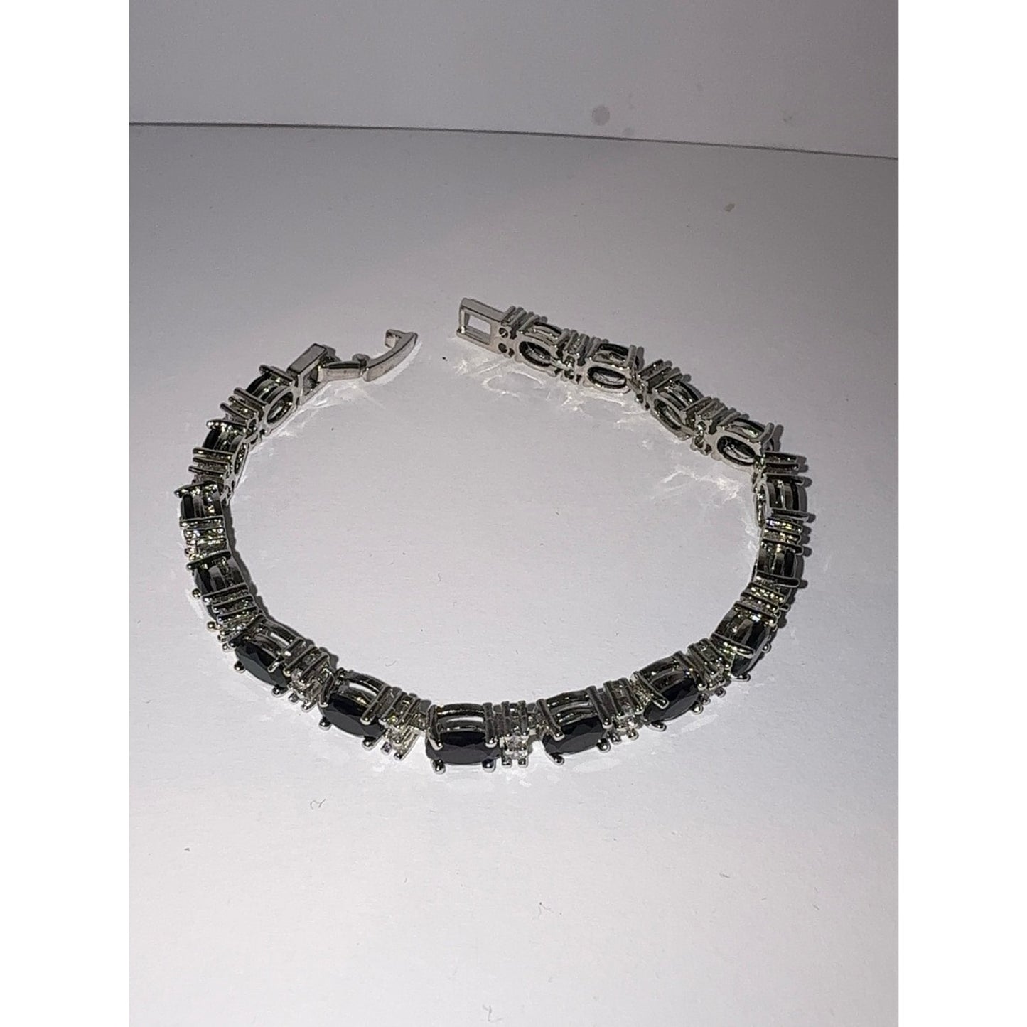 Black Oval Cubic Zirconia Tennis Bracelet 7.5" Silver Tone NWT