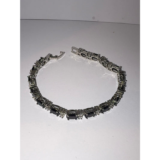 Black Oval Cubic Zirconia Tennis Bracelet 7.5" Silver Tone NWT