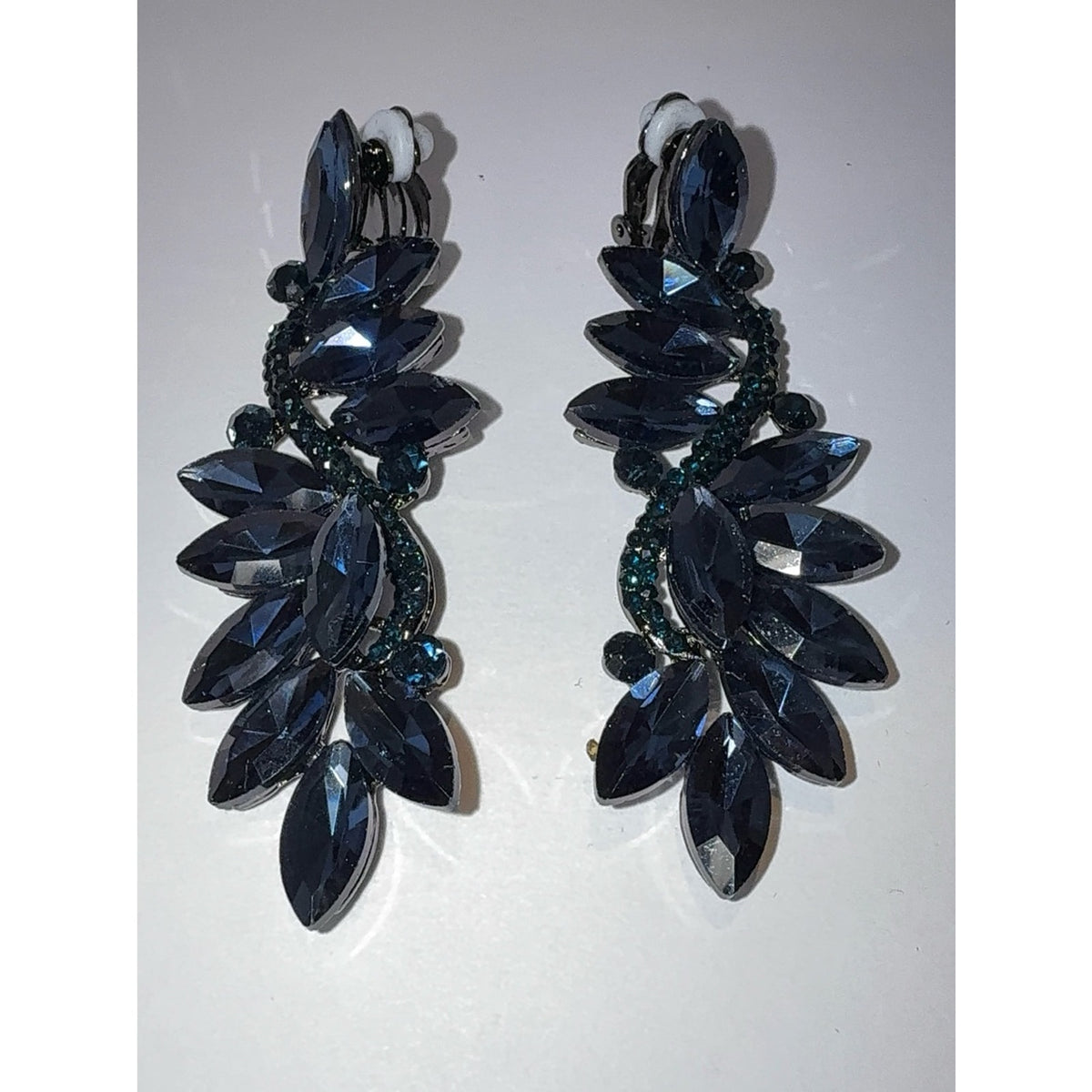 Navy Blue Crystal Marquise Flower Chandelier Clip-On Dangle Earrings
