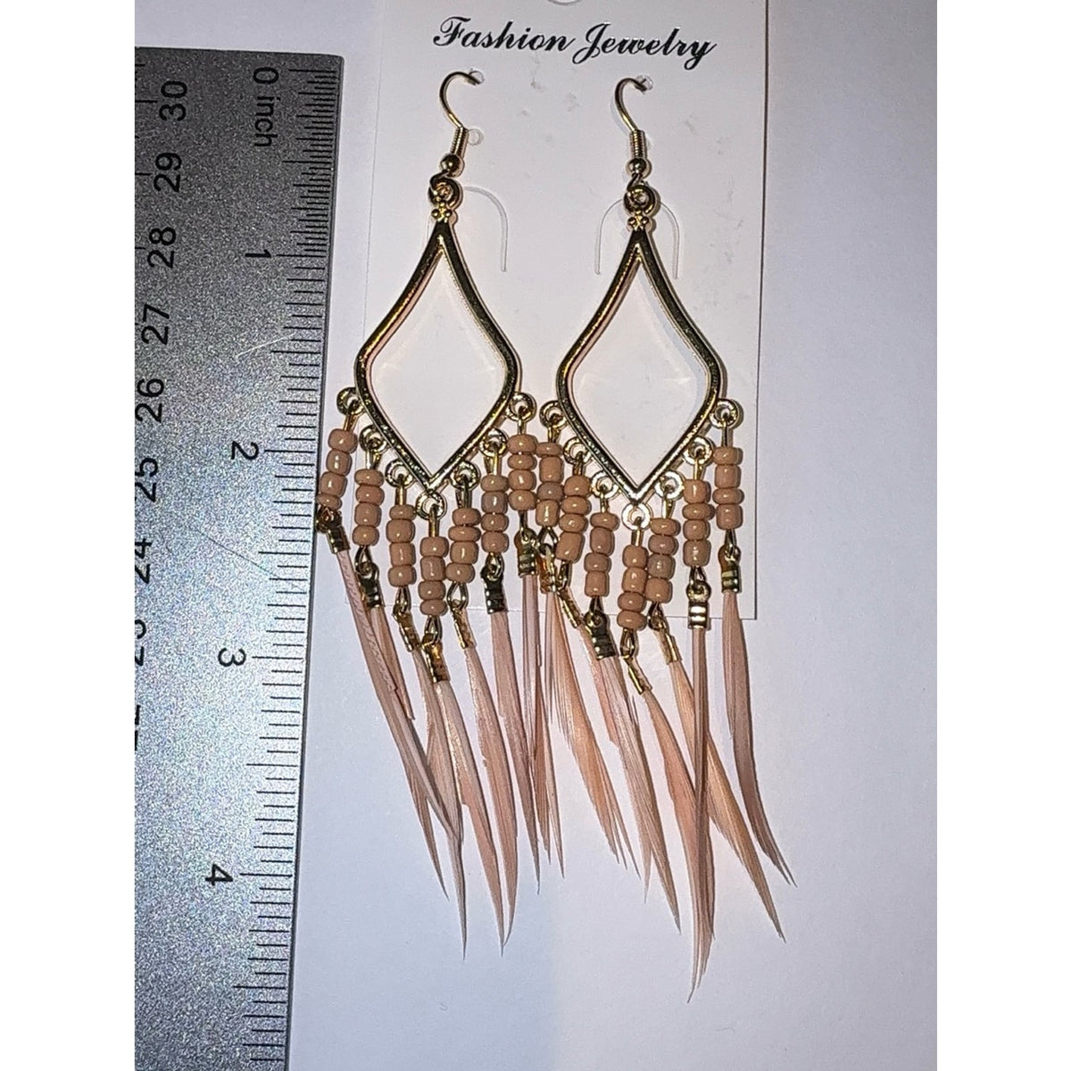 Boho Gold Diamond Feather Dangle Earrings Light Pink