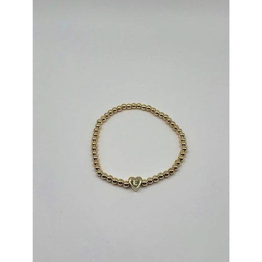 14K Gold Plated Initial "E" Heart Beaded Stretch Bracelet