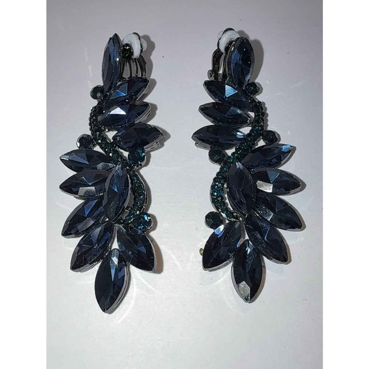 Navy Blue Crystal Marquise Flower Chandelier Clip-On Dangle Earrings