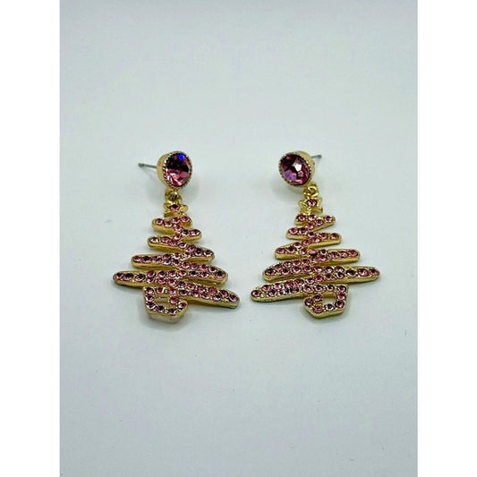 Pink Crystal Rhinestone Christmas Tree Dangle Drop EarringsAdd a pop of feminine