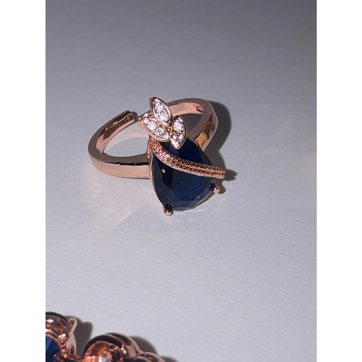 Rose Gold Blue Sapphire Teardrop Jewelry Set 4pc Necklace Bracelet Ring Earrings