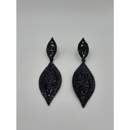 Black Crystal Rhinestone 2 Leaf Drop Dangle Chandelier Earrings