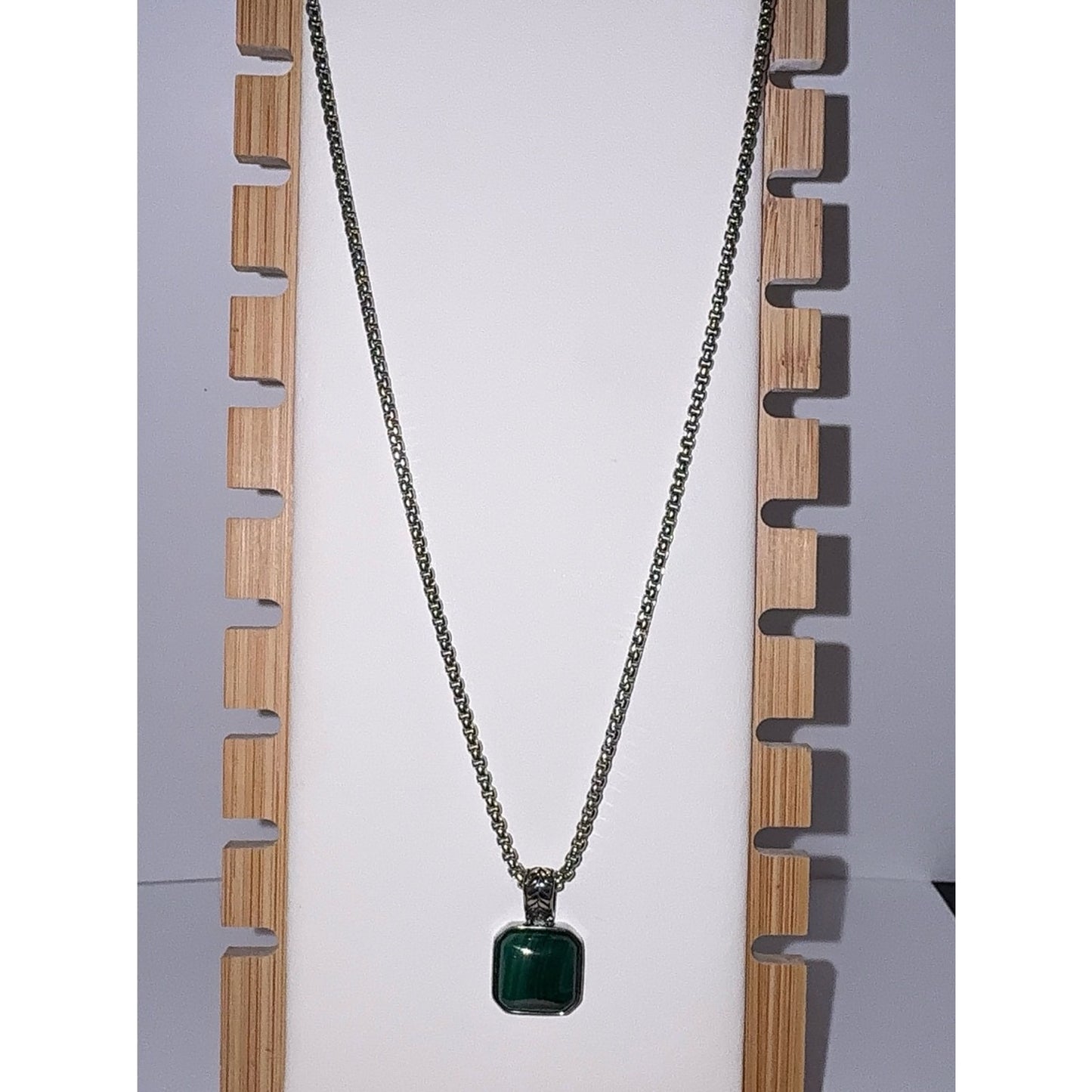 Men’s Stainless Steel Green Malachite Pendant Necklace 24"