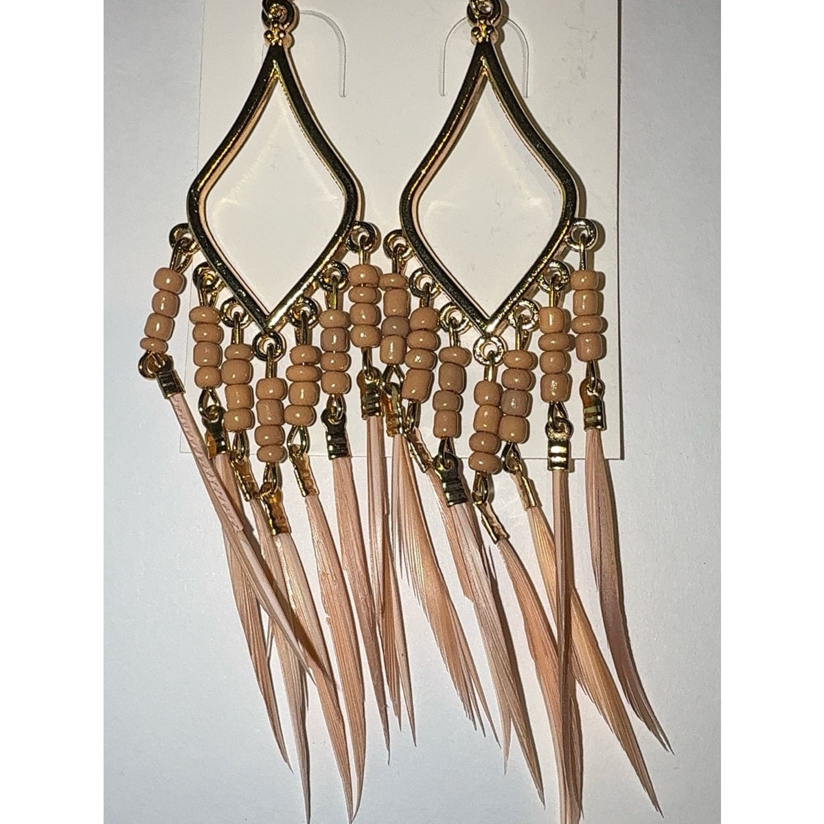 Boho Gold Diamond Feather Dangle Earrings Light Pink