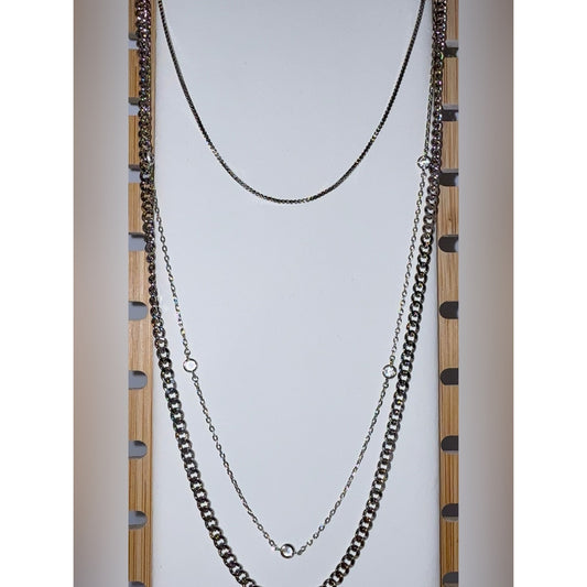 3 Layered Stainless Steel Silver Tone Crystal Station Necklace