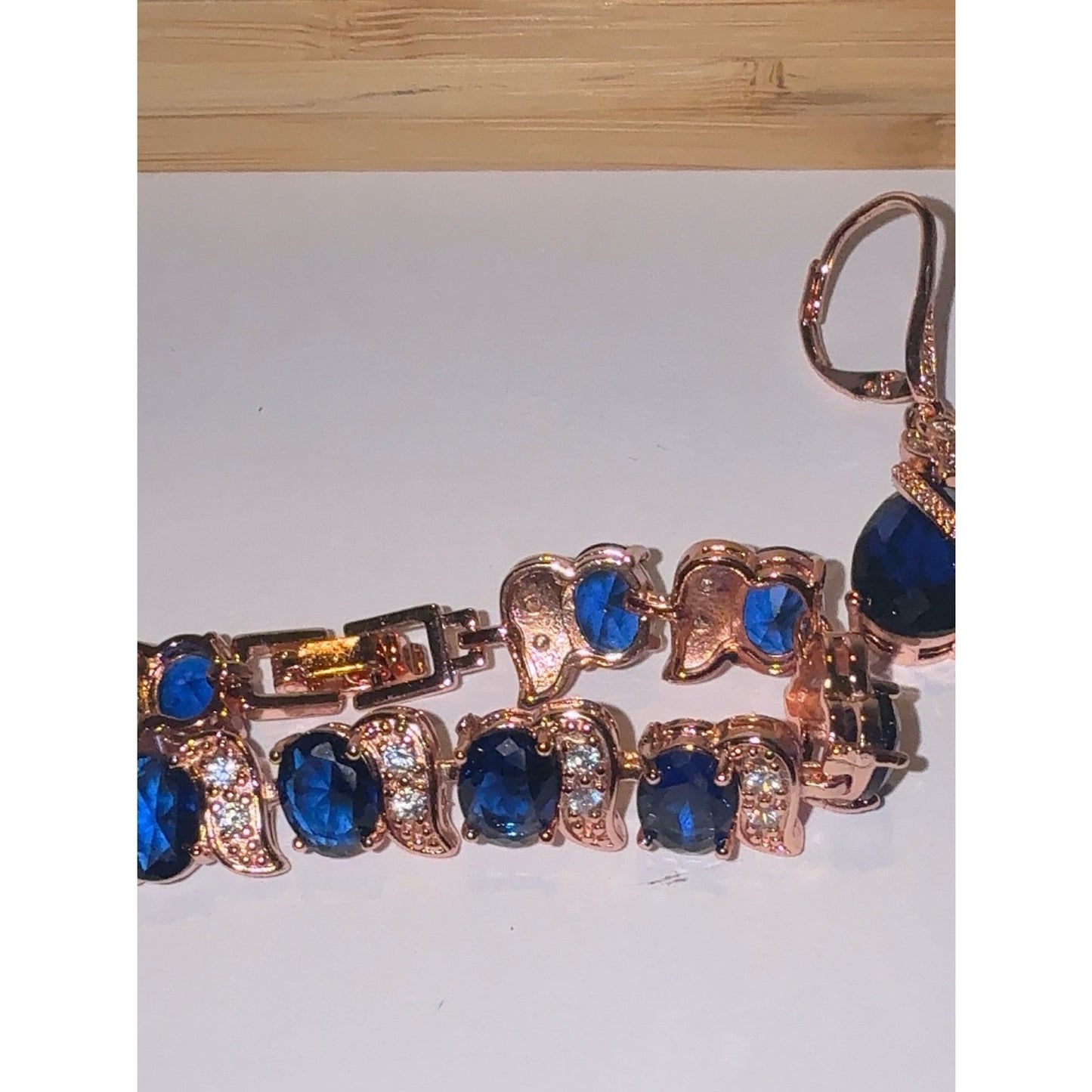 Rose Gold Blue Sapphire Teardrop Jewelry Set 4pc Necklace Bracelet Ring Earrings