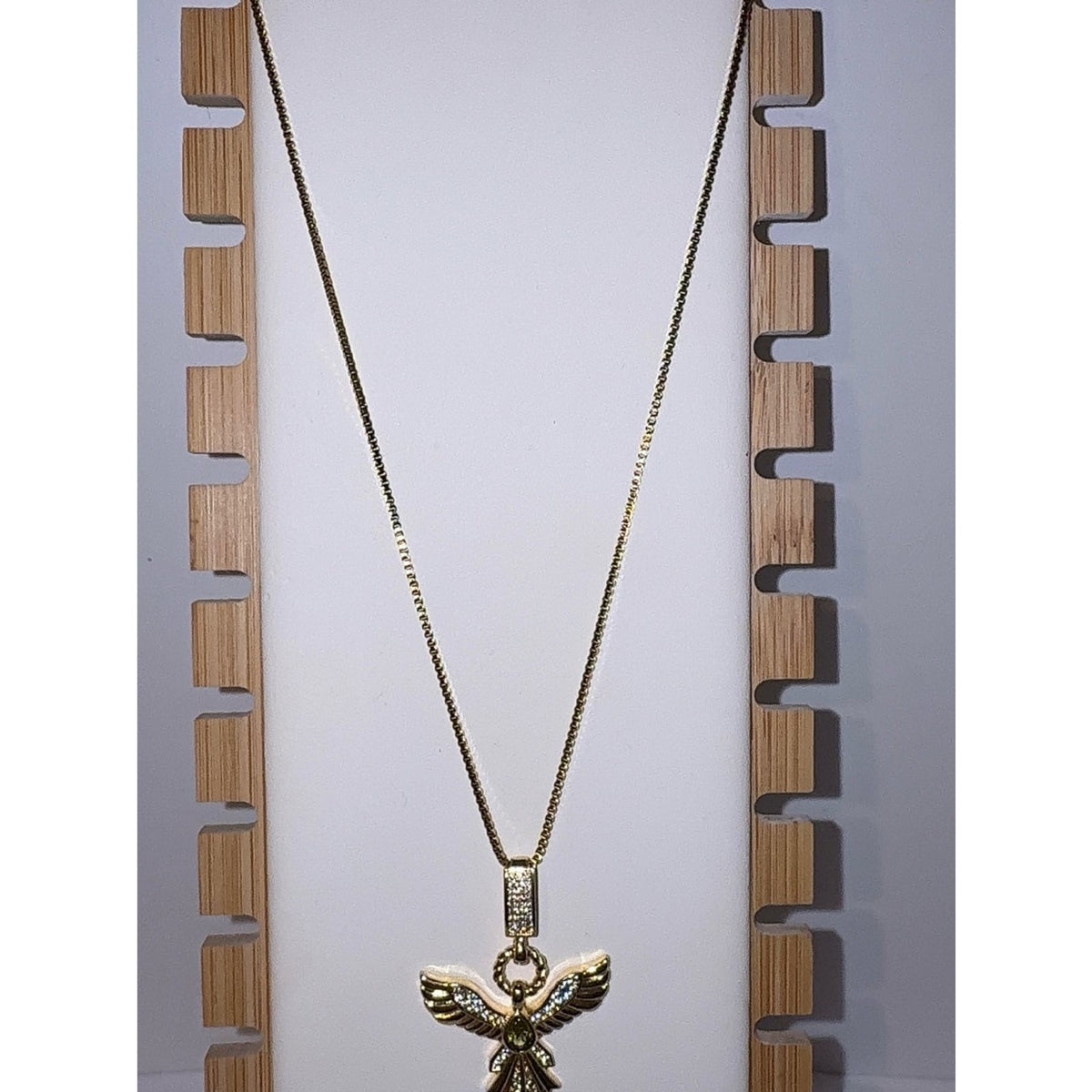 14K Gold Plated Holy Spirit Dove Pendant Necklace with Green Crystal 20”