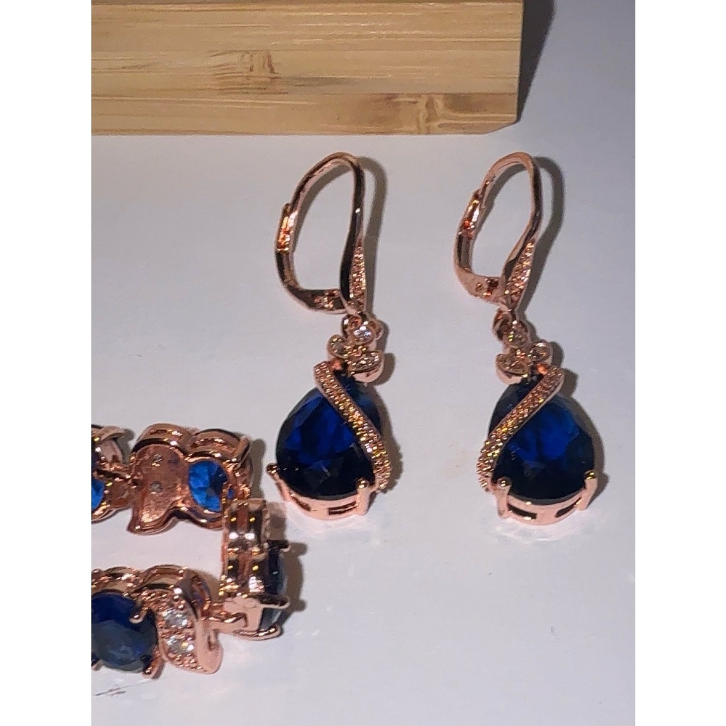 Rose Gold Blue Sapphire Teardrop Jewelry Set 4pc Necklace Bracelet Ring Earrings