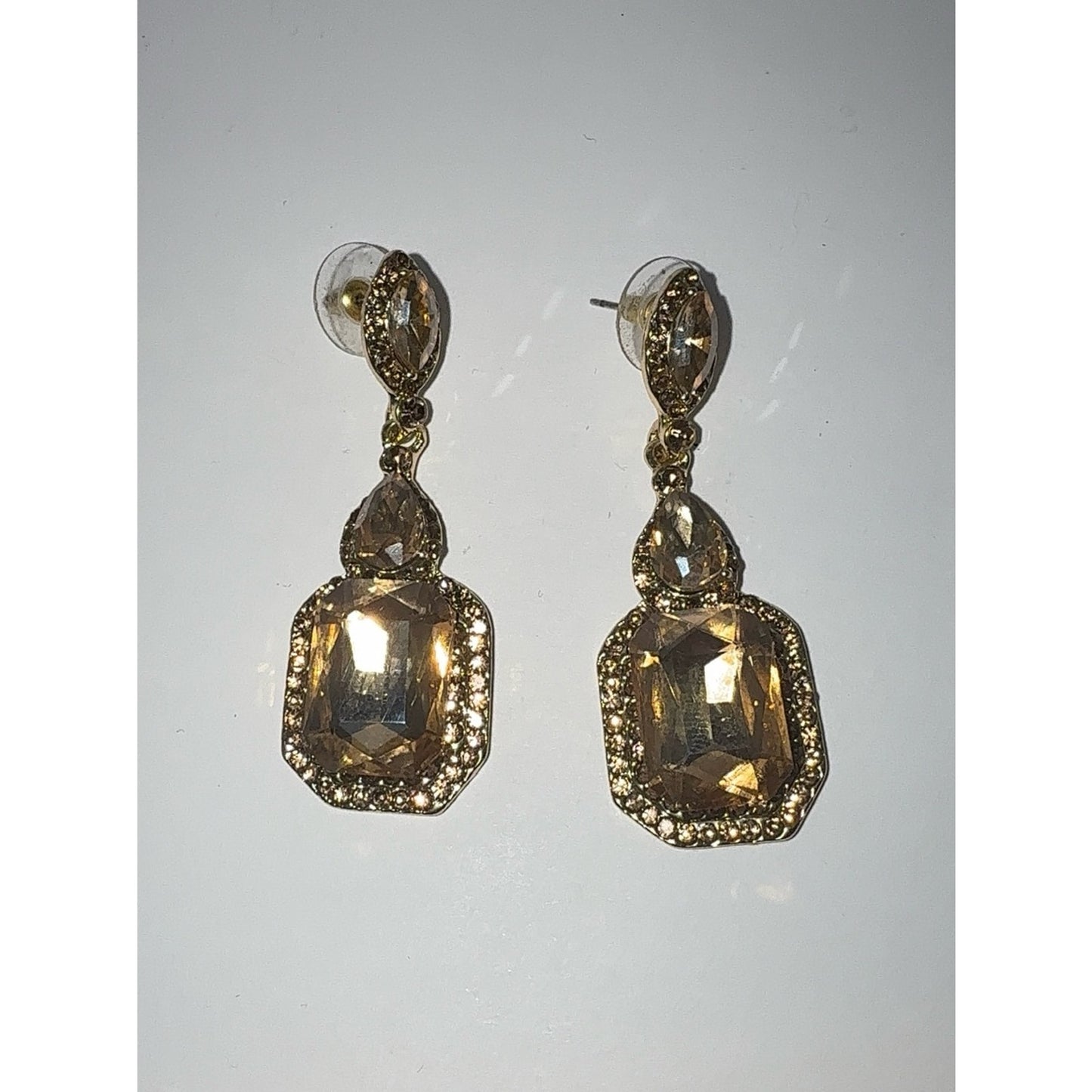 Gold Champagne Austrian Crystal Emerald Cut Statement Dangle Earrings