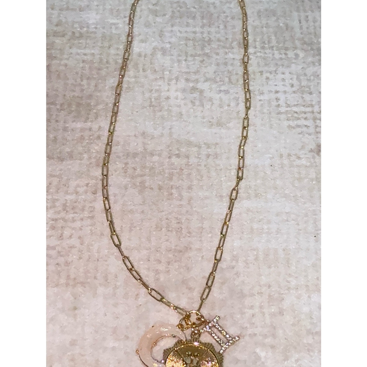 Gold Plated Gemini Zodiac Multi-Charm Paperclip Chain Necklace