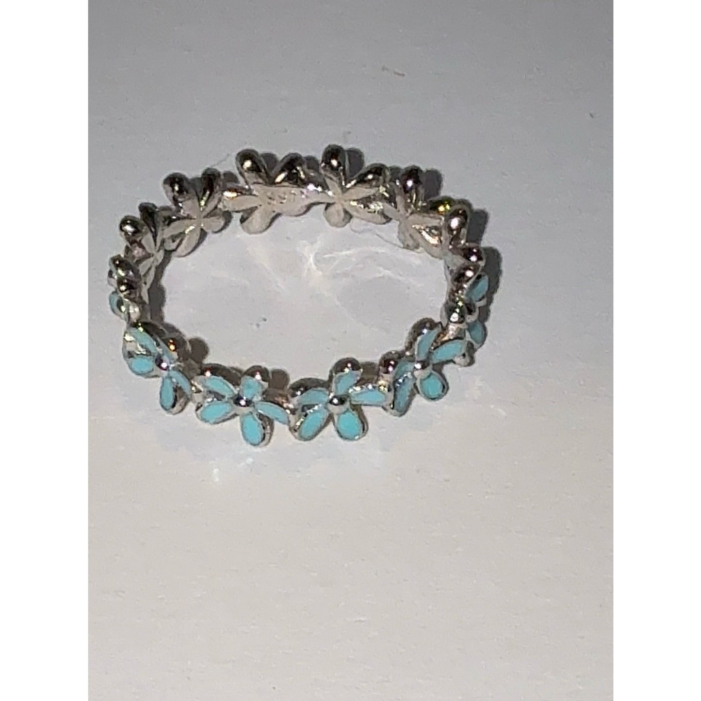 Silver Flower Band Ring with Turquoise Enamel 6