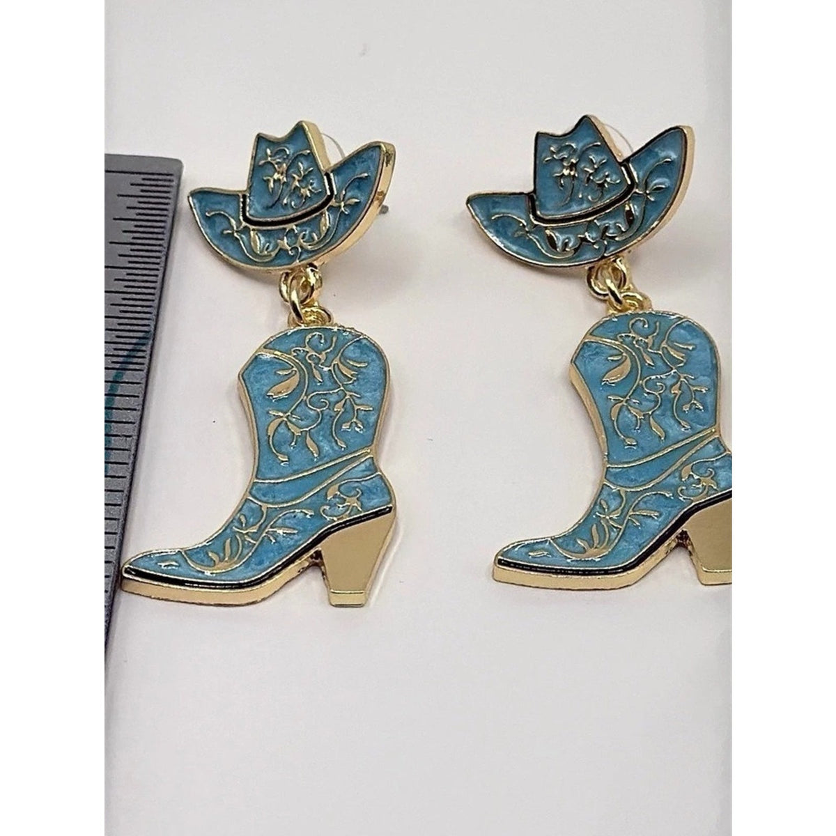 Western Turquoise Cowgirl Hat & Boot Dangle Earrings Gold Tone