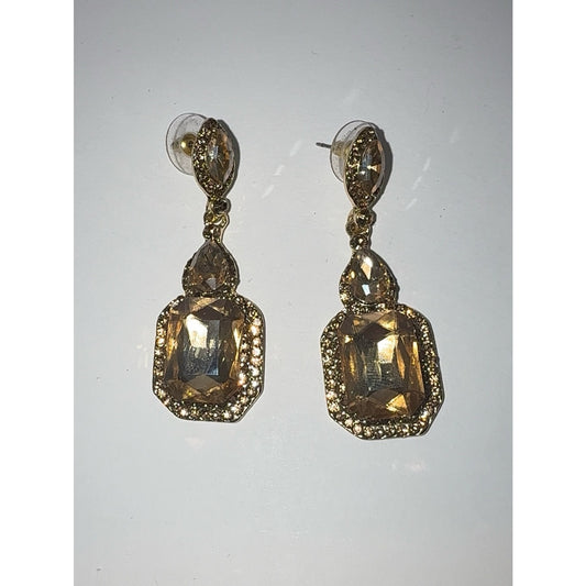 Gold Champagne Austrian Crystal Emerald Cut Statement Dangle Earrings
