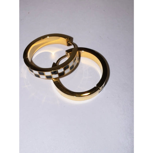 Gold Plated Black White Checkerboard Huggie Hoop Earrings