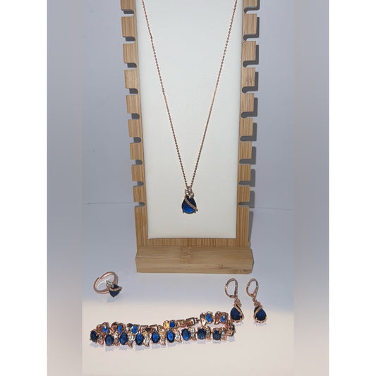 Rose Gold Blue Sapphire Teardrop Jewelry Set 4pc Necklace Bracelet Ring Earrings