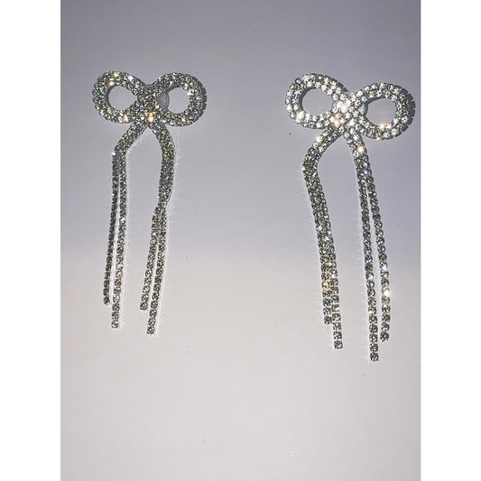 Silver Rhinestone Bow Drop Dangle Earrings Sparkling Bridal Prom