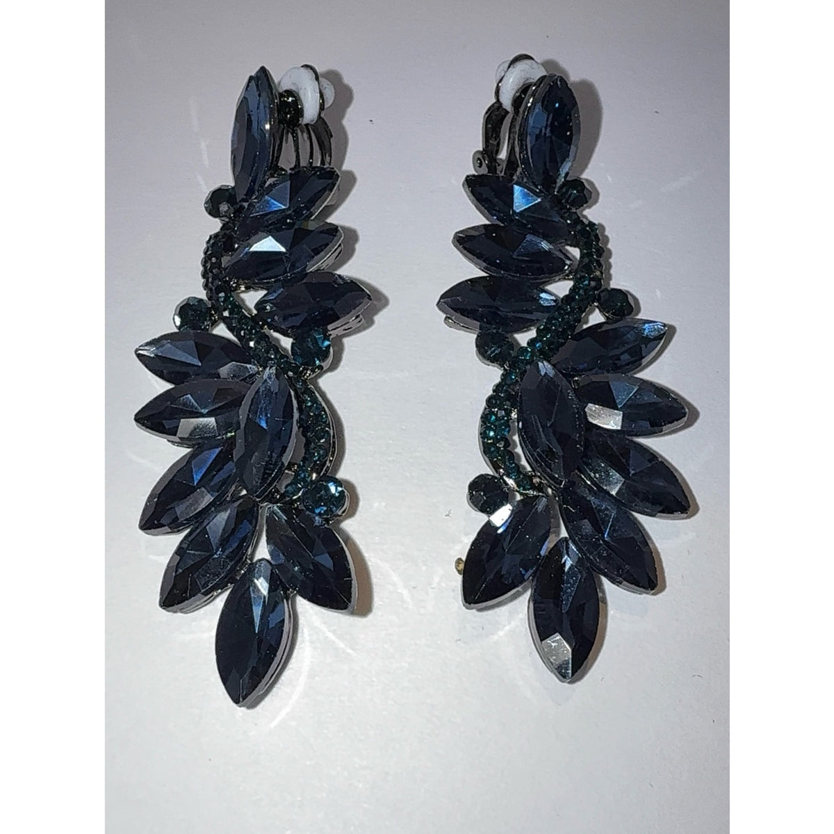 Navy Blue Crystal Marquise Flower Chandelier Clip-On Dangle Earrings