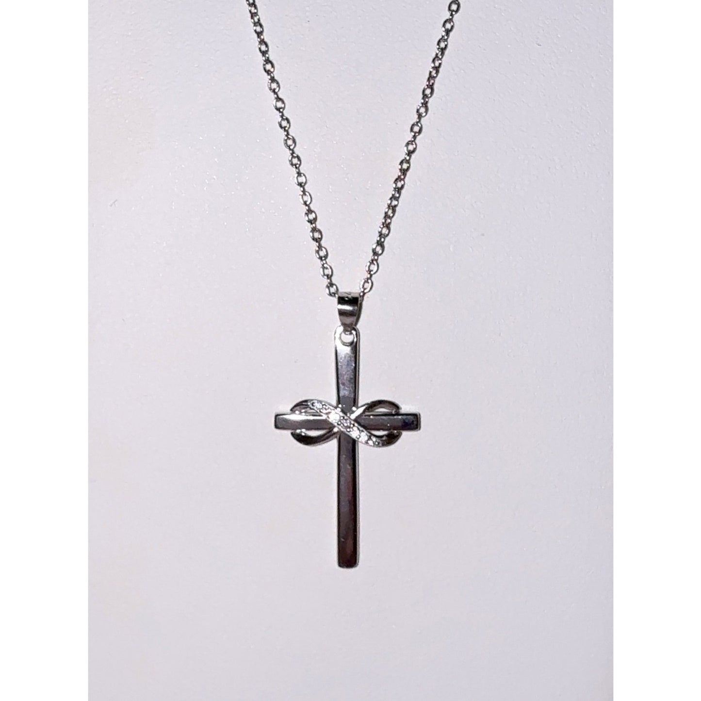 925 Sterling Silver Infinity Cross Necklace 16" CZ