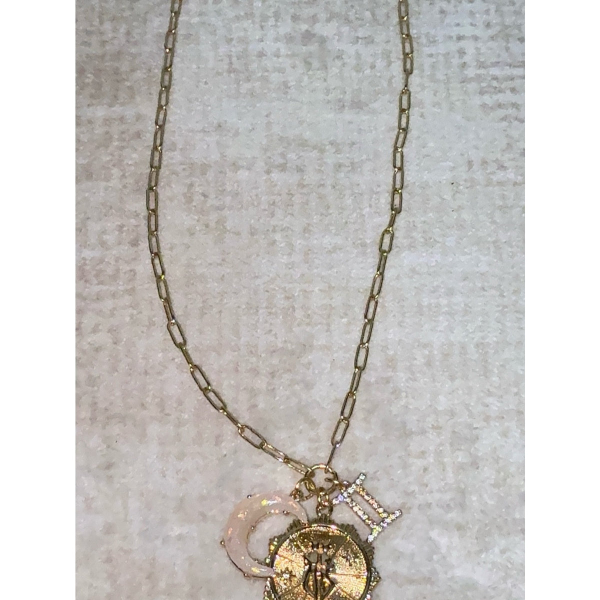 Gold Plated Gemini Zodiac Multi-Charm Paperclip Chain Necklace