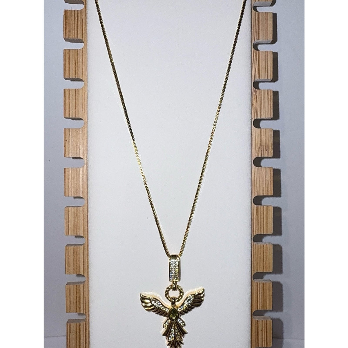 14K Gold Plated Holy Spirit Dove Pendant Necklace with Green Crystal 20”